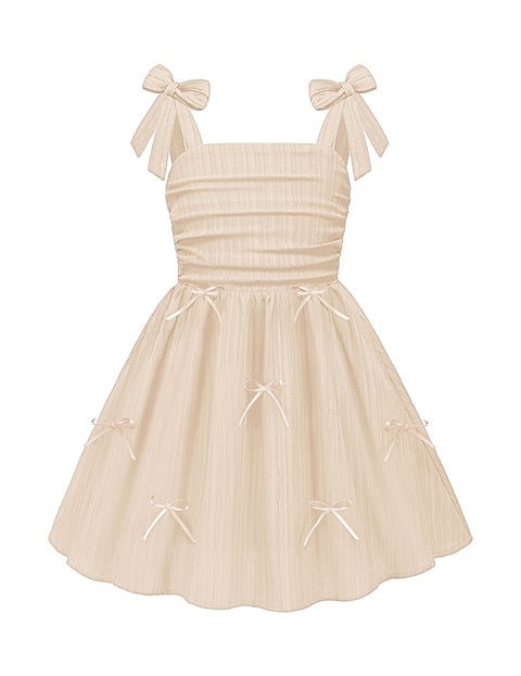 Girls Ruched Spaghetti Strap Sundress Smocked Back Bow A-Line Dress with Pockets - Champagne