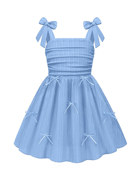 Girls Ruched Spaghetti Strap Sundress Smocked Back Bow A-Line Dress with Pockets - Light Blue