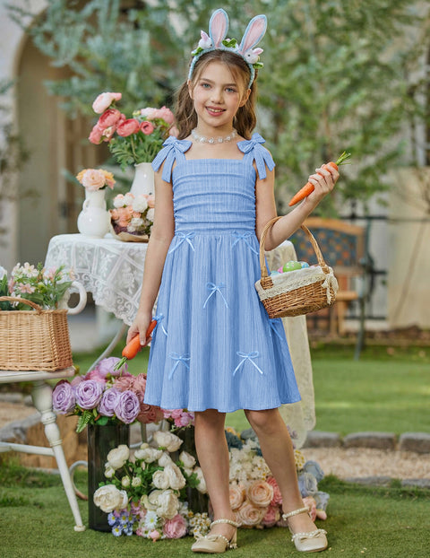 Girls Ruched Spaghetti Strap Sundress Smocked Back Bow A-Line Dress with Pockets - Light Blue