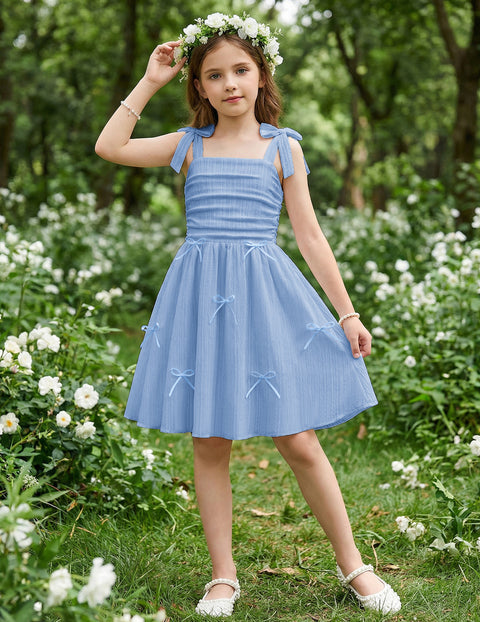 Girls Ruched Spaghetti Strap Sundress Smocked Back Bow A-Line Dress with Pockets - Light Blue