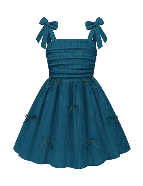 Girls Ruched Spaghetti Strap Sundress Smocked Back Bow A-Line Dress with Pockets - Blue