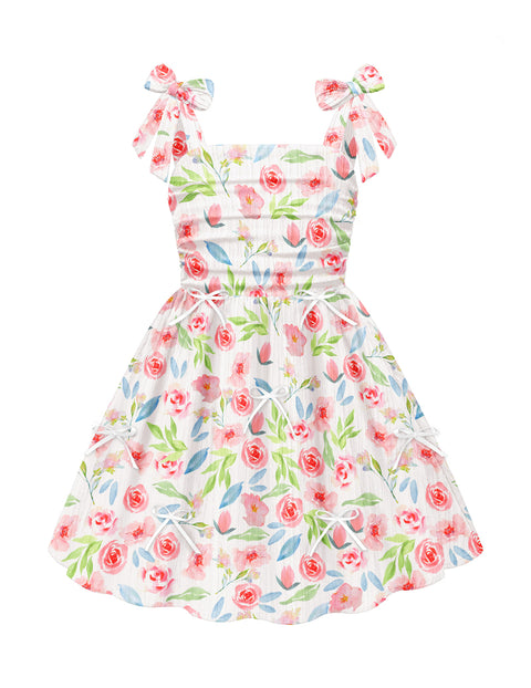 Girls Ruched Spaghetti Strap Sundress Smocked Back Bow A-Line Dress with Pockets - Pink Floral