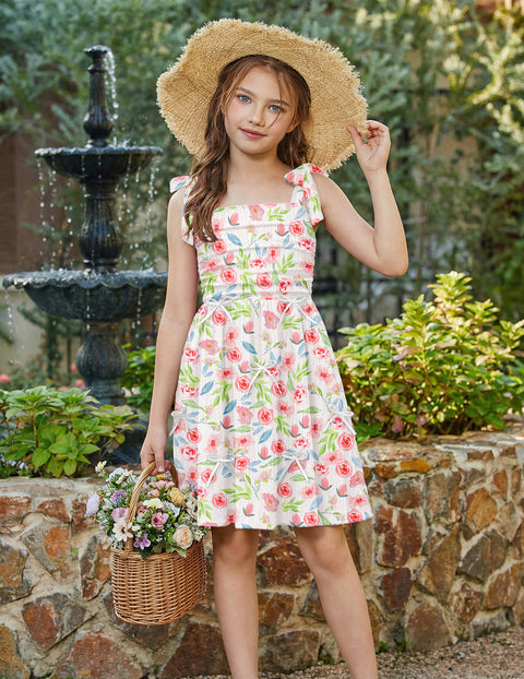 Girls Ruched Spaghetti Strap Sundress Smocked Back Bow A-Line Dress with Pockets - Pink Floral