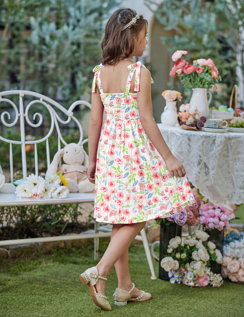 Girls Ruched Spaghetti Strap Sundress Smocked Back Bow A-Line Dress with Pockets - Pink Floral