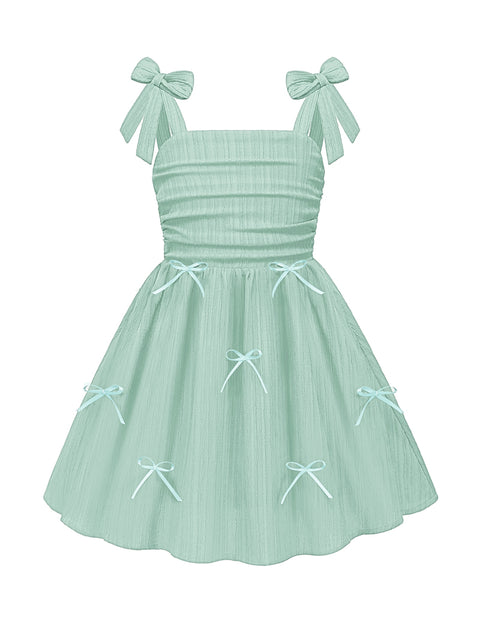 Girls Ruched Spaghetti Strap Sundress Smocked Back Bow A-Line Dress with Pockets - Sage Green