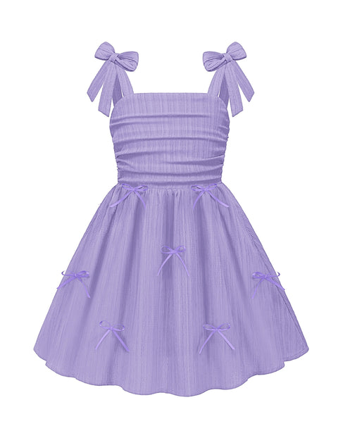 Girls Ruched Spaghetti Strap Sundress Smocked Back Bow A-Line Dress with Pockets - Lavender