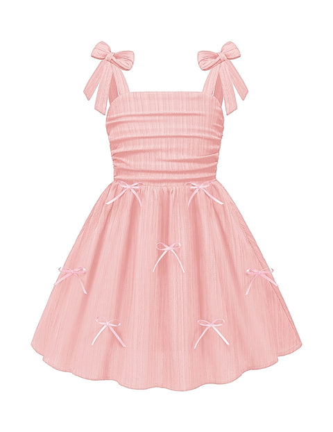 Girls Ruched Spaghetti Strap Sundress Smocked Back Bow A-Line Dress with Pockets - Light Pink