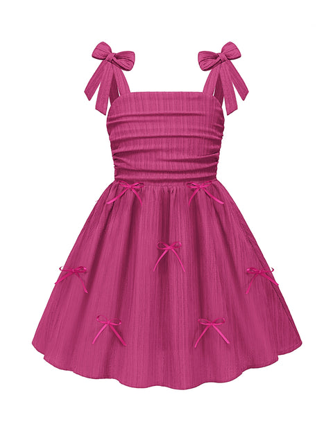 Girls Ruched Spaghetti Strap Sundress Smocked Back Bow A-Line Dress with Pockets - Hot Pink