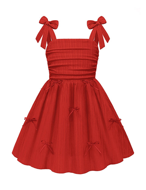 Girls Ruched Spaghetti Strap Sundress Smocked Back Bow A-Line Dress with Pockets - Red
