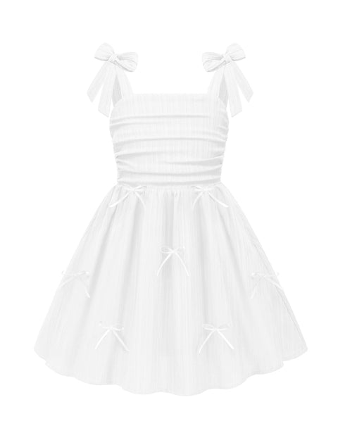 Girls Ruched Spaghetti Strap Sundress Smocked Back Bow A-Line Dress with Pockets - White