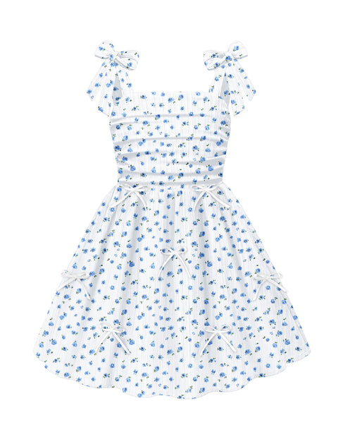 Girls Ruched Spaghetti Strap Sundress Smocked Back Bow A-Line Dress with Pockets - Blue Floral