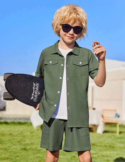 Boys Woven Denim-Style Button Shirt & Shorts Set