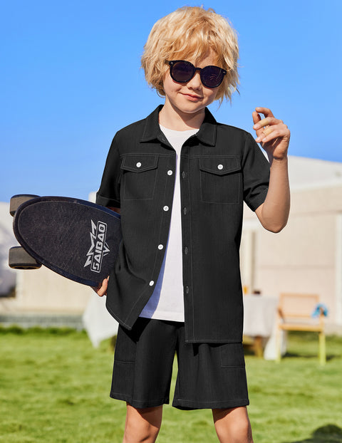 Boys Woven Denim-Style Button Shirt & Shorts Set