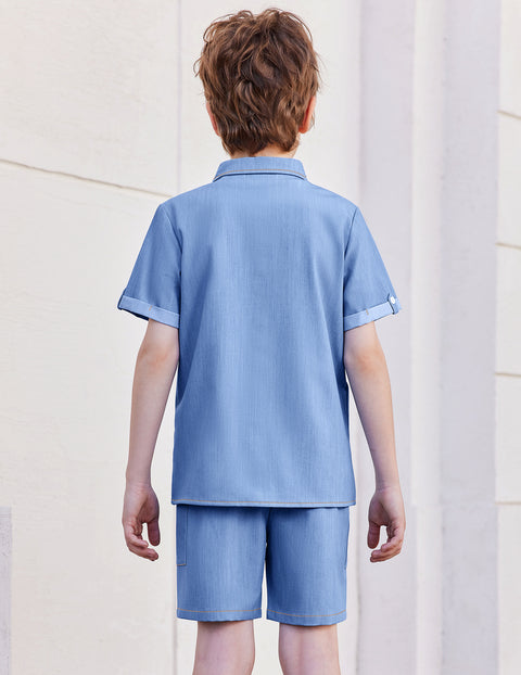 Boys Woven Denim-Style Button Shirt & Shorts Set