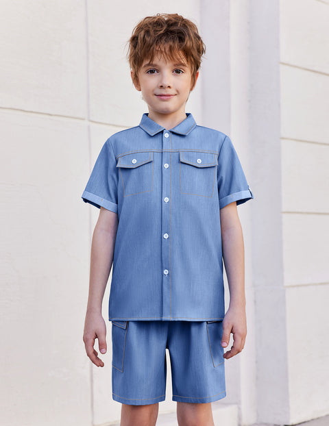 Boys Woven Denim-Style Button Shirt & Shorts Set