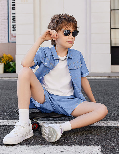 Boys Woven Denim-Style Button Shirt & Shorts Set
