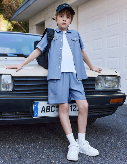 Boys Woven Denim-Style Button Shirt & Shorts Set