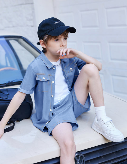 Boys Woven Denim-Style Button Shirt & Shorts Set