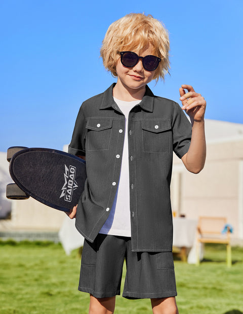 Boys Woven Denim-Style Button Shirt & Shorts Set