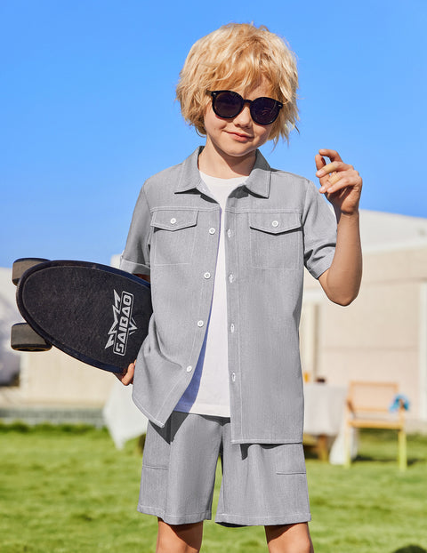 Boys Woven Denim-Style Button Shirt & Shorts Set