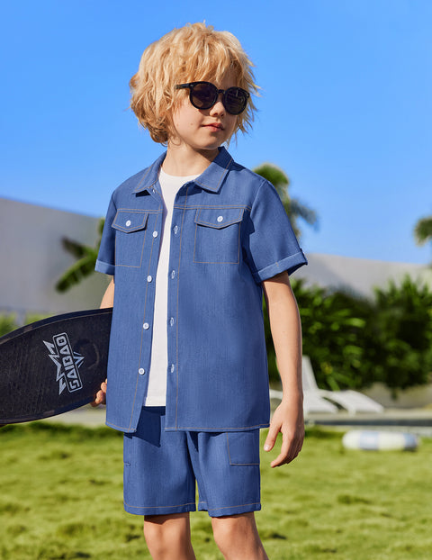 Boys Woven Denim-Style Button Shirt & Shorts Set