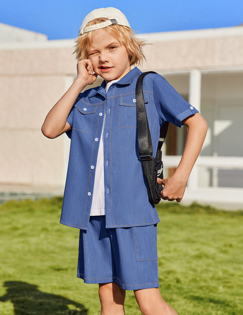 Boys Woven Denim-Style Button Shirt & Shorts Set
