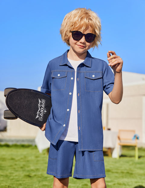 Boys Woven Denim-Style Button Shirt & Shorts Set
