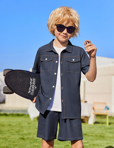 Boys Woven Denim-Style Button Shirt & Shorts Set