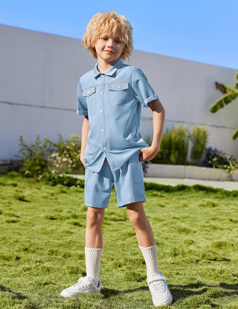 Boys Woven Denim-Style Button Shirt & Shorts Set