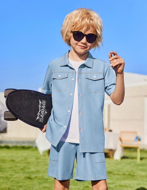 Boys Woven Denim-Style Button Shirt & Shorts Set