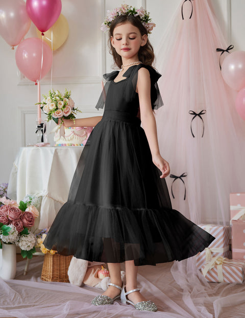 Girls Sleeveless Bow-Tie Strap Tulle Maxi Dress Pleated A-Line Party Dress - Black