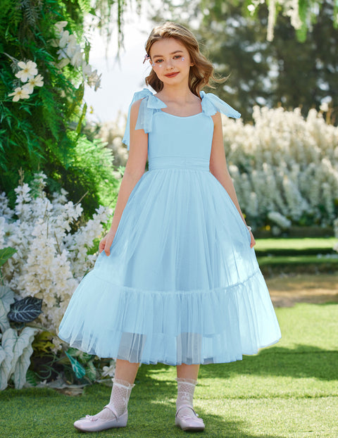 Girls Sleeveless Bow-Tie Strap Tulle Maxi Dress Pleated A-Line Party Dress - CLB