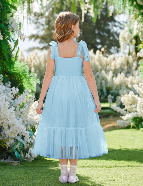 Girls Sleeveless Bow-Tie Strap Tulle Maxi Dress Pleated A-Line Party Dress - CLB
