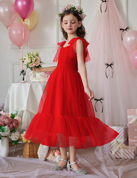 Girls Sleeveless Bow-Tie Strap Tulle Maxi Dress Pleated A-Line Party Dress - DER
