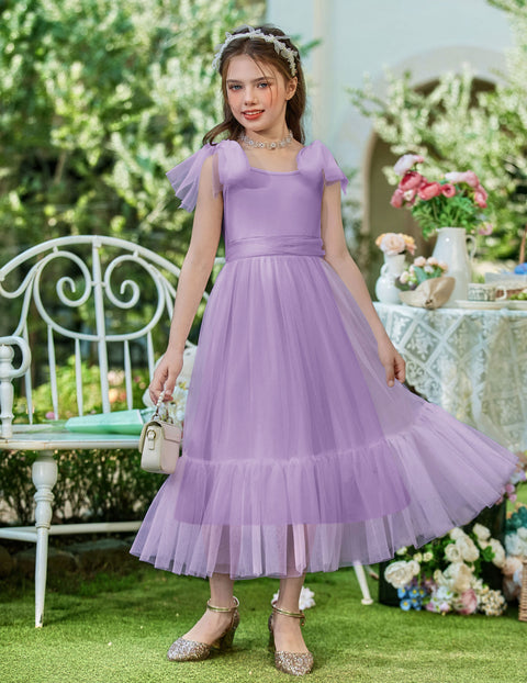 Girls Sleeveless Bow-Tie Strap Tulle Maxi Dress Pleated A-Line Party Dress - LAR
