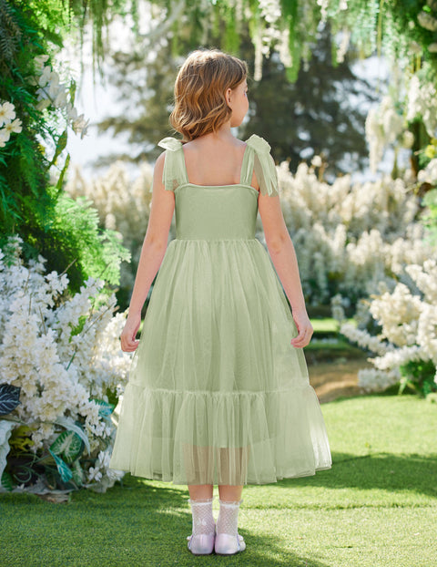 Girls Sleeveless Bow-Tie Strap Tulle Maxi Dress Pleated A-Line Party Dress - LG