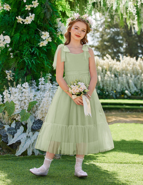 Girls Sleeveless Bow-Tie Strap Tulle Maxi Dress Pleated A-Line Party Dress - LG