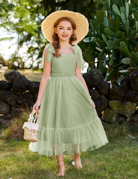 Girls Sleeveless Bow-Tie Strap Tulle Maxi Dress Pleated A-Line Party Dress - LG