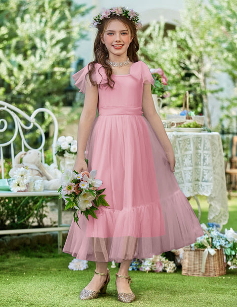 Girls Sleeveless Bow-Tie Strap Tulle Maxi Dress Pleated A-Line Party Dress - Light Pink