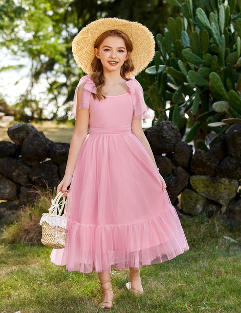 Girls Sleeveless Bow-Tie Strap Tulle Maxi Dress Pleated A-Line Party Dress - Light Pink