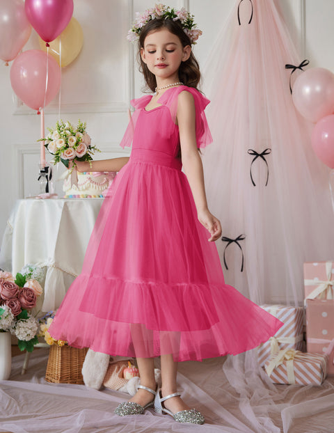 Girls Sleeveless Bow-Tie Strap Tulle Maxi Dress Pleated A-Line Party Dress - Hot Pink