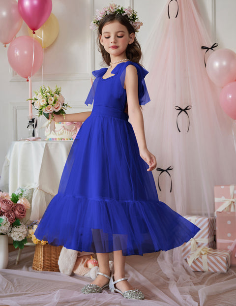 Girls Sleeveless Bow-Tie Strap Tulle Maxi Dress Pleated A-Line Party Dress - SKB