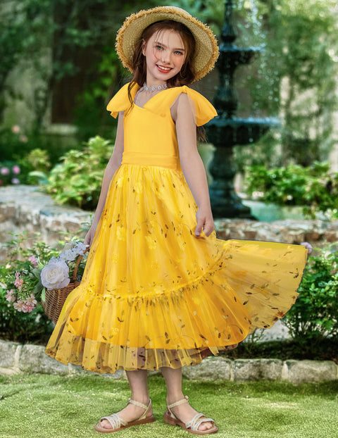 Girls Sleeveless Bow-Tie Strap Tulle Maxi Dress Pleated A-Line Party Dress - Yellow