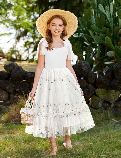 Girls Sleeveless Bow-Tie Strap Tulle Maxi Dress Pleated A-Line Party Dress - White