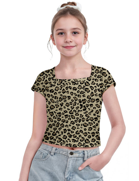 Girls Square Neck Crop Top Short Sleeve Slim Fit Summer Tee - Leopard