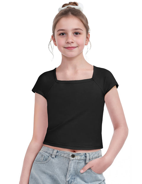 Girls Square Neck Crop Top Short Sleeve Slim Fit Summer Tee - Black
