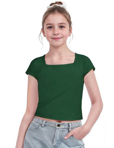 Girls Square Neck Crop Top Short Sleeve Slim Fit Summer Tee - Green