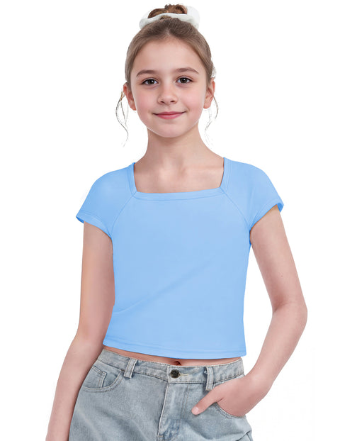 Girls Square Neck Crop Top Short Sleeve Slim Fit Summer Tee - Light Blue