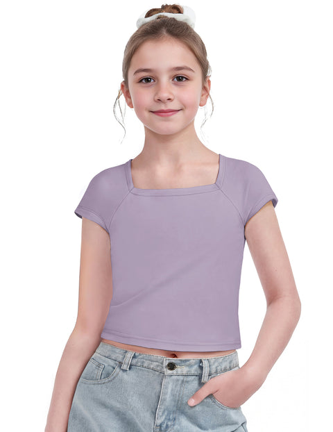 Girls Square Neck Crop Top Short Sleeve Slim Fit Summer Tee - Purple
