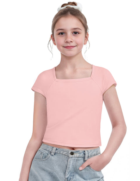 Girls Square Neck Crop Top Short Sleeve Slim Fit Summer Tee - Pink